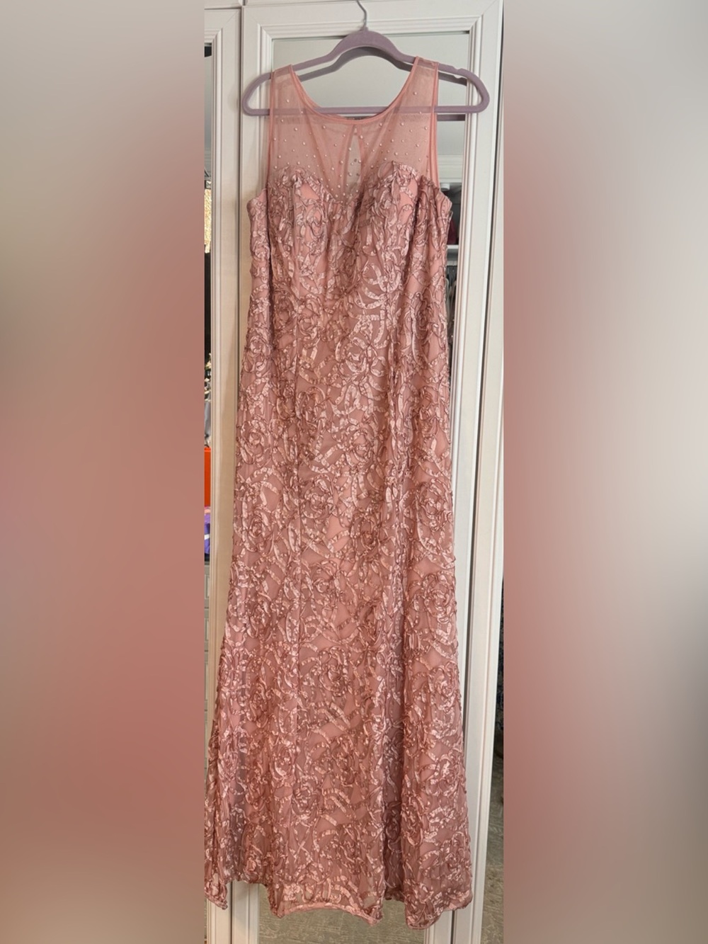 Blush Pink Lace Maxi Dress with Sheer Illusion Yoke